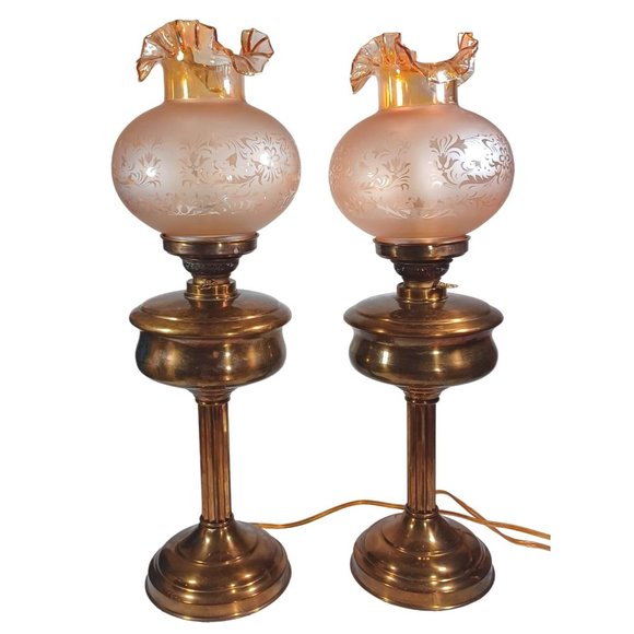 Antique Fenton Hurricane Oil Lamp Conv. Electric Iridescent Amber Shades Vintage - Picture 6 of 14